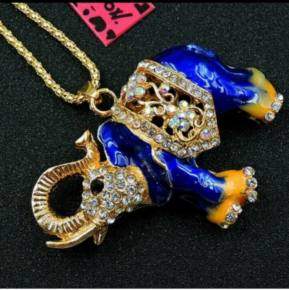 NWT long goldtone necklace enamel/crystal Elephant pendant